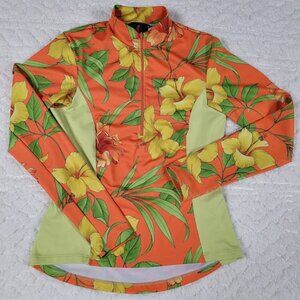 SHEILA MOON Orange Yellow Floral Hibiscus Long sleeves Cycling Athletic Top Sz M